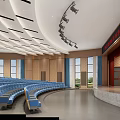School’s Modern Auditorium With Blue Seats And Stage