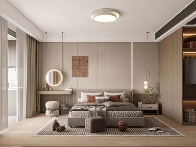 Modern Bedroom Interior With Large Bed Round Mirror Rug And Wooden Wardrobe 3d model