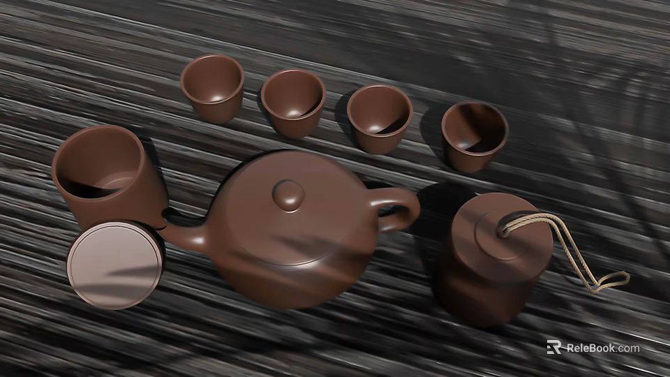 Brown Ceramic Tea Set With Teapot Cups And Storage Container On Wooden Surface 3d model