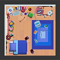 Cartoon Room Interior Featuring Pink Bed Desk Blue Rug Window Curtains Wall Posters And Toys