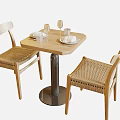 Modern Wooden Dining Table Set with Rattan Seats and Round Tabletop 3d model