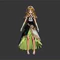 3D Model Anime Female Character With Long Golden Hair Flower Crown Black And Green Dress