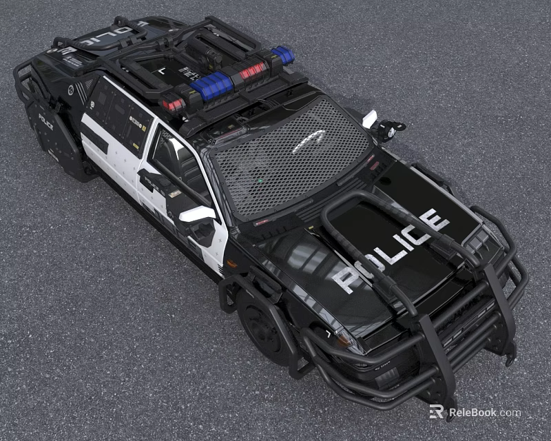Black And White Police Car With Emergency Lights And Gear 3d model 