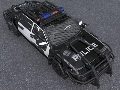 Black And White Police Car With Emergency Lights And Gear 3d model
