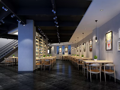 Modern Restaurant Interior With Wooden Tables Chairs Decorative Paintings And Hanging Lights 3d model