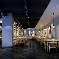 Modern Restaurant Interior With Wooden Tables Chairs Decorative Paintings And Hanging Lights