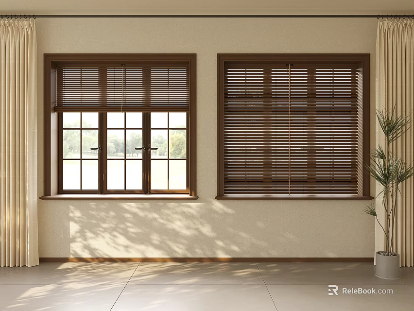 Wooden Window Blinds With Two Windows Open Closed Beige Curtains Potted Plant In Interior Room 3d model 