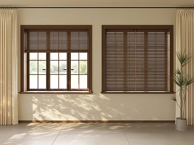 Wooden Window Blinds With Two Windows Open Closed Beige Curtains Potted Plant In Interior Room 3d model