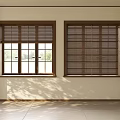 Wooden Window Blinds With Two Windows Open Closed Beige Curtains Potted Plant In Interior Room