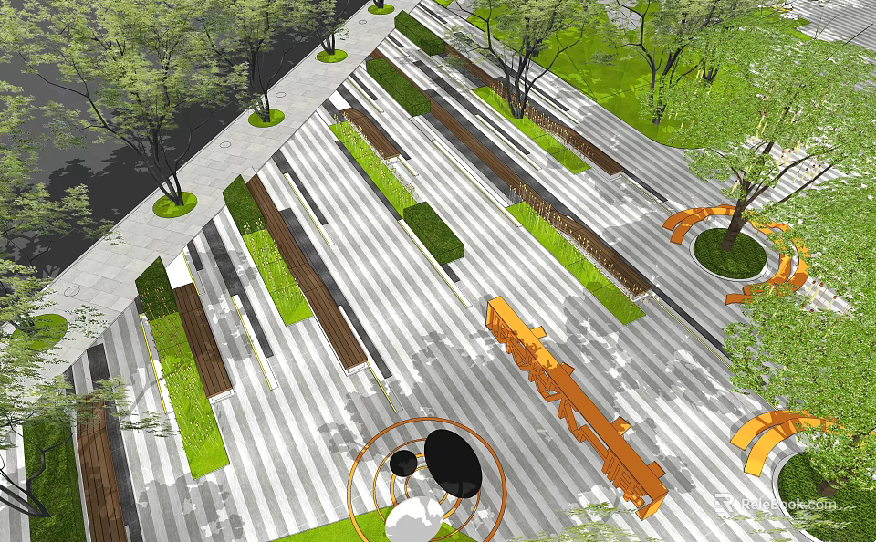 Geometric Garden Landscape Design With Green Plant Beds Pathways And Orange Seating 3d model 