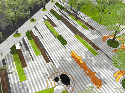 Geometric Garden Landscape Design With Green Plant Beds Pathways And Orange Seating 3d model