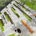 Geometric Garden Landscape Design With Green Plant Beds Pathways And Orange Seating