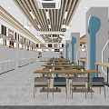 Modern Restaurant Interior With Dining Tables Chairs Marble Counters Wooden Ceiling And Blue Illuminated Columns