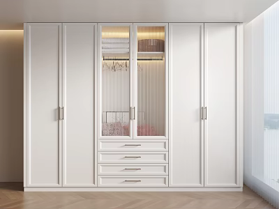 Modern White Wardrobe With Glass Doors Drawers And LED Lighting For Contemporary Bedroom Interior 3d model