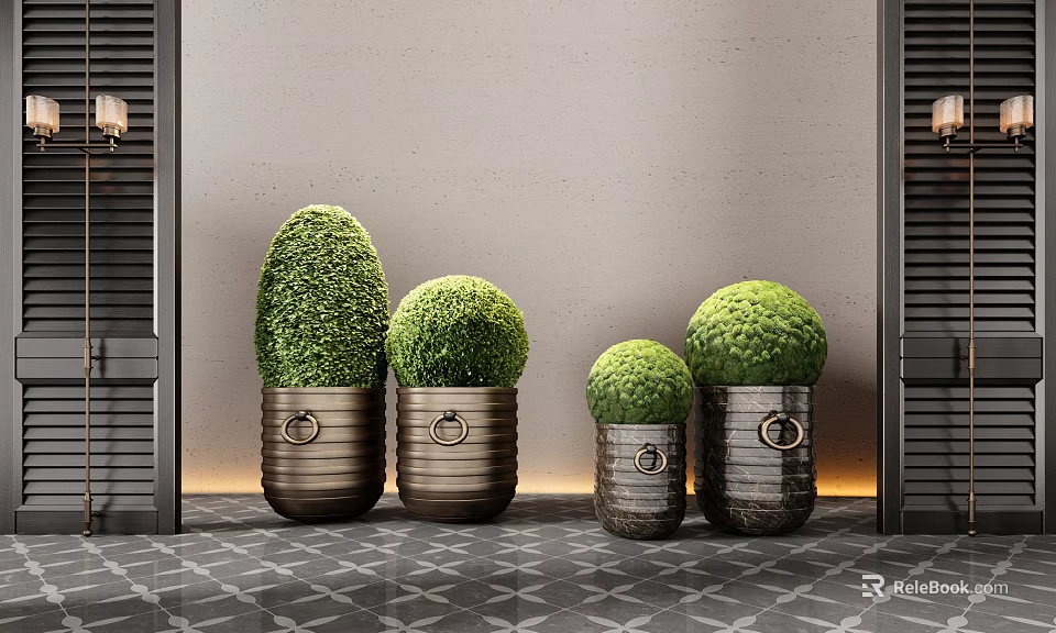 Round Green Bonsai Potted Plants In Metal Planters With Ring Handles Gray Wall Geometric Floor 3d model 