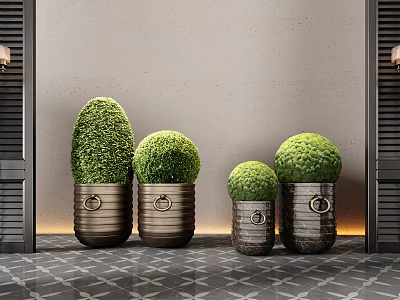 Round Green Bonsai Potted Plants In Metal Planters With Ring Handles Gray Wall Geometric Floor 3d model