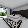 Modern Minimalist Hotel Guest Room With Sofa Chair Bed Open Layout And Black White Rug