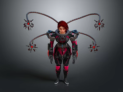 Sci Fi Character With Red Hair And Mechanical Arms In Black Pink Armor 3d model