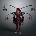 Sci Fi Character With Red Hair And Mechanical Arms In Black Pink Armor