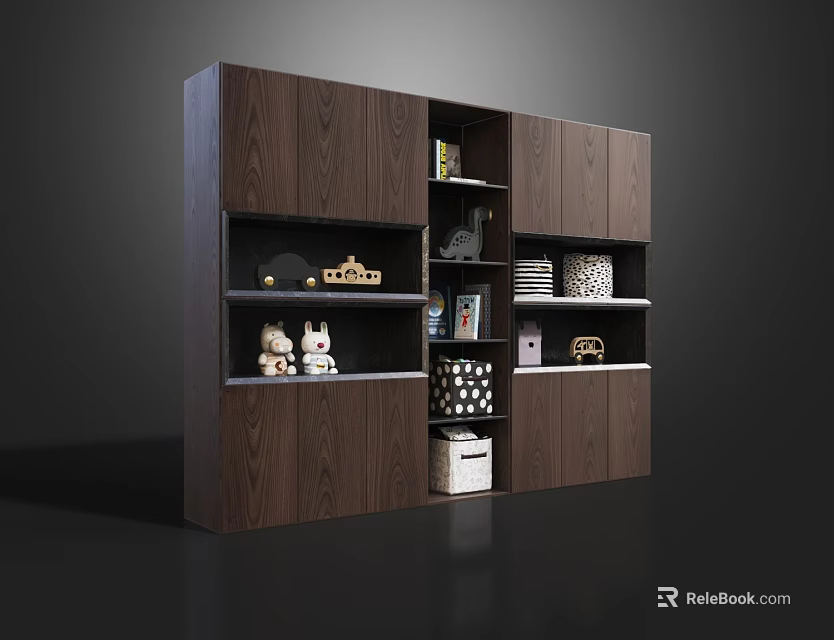 Dark Wooden Cabinet with Shelves Stuffed Toys Books and Decorative Items in Modern Setup 3d model 