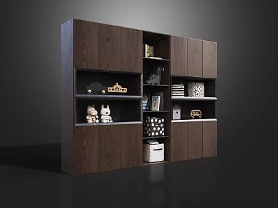 Dark Wooden Cabinet with Shelves Stuffed Toys Books and Decorative Items in Modern Setup 3d model
