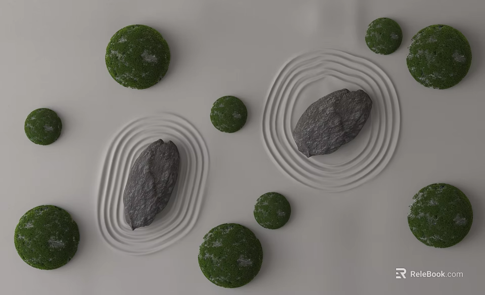 Minimalist Background Wall Decor With Green Moss Balls Gray Stones And White Concentric Circles 3d model 