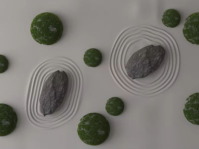 Minimalist Background Wall Decor With Green Moss Balls Gray Stones And White Concentric Circles 3d model