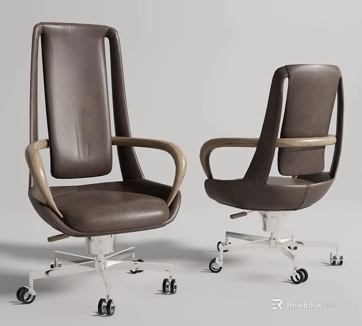 Modern Office Chair Featuring Brown Leather Wooden Armrests Metal Base And Wheels 3d model 
