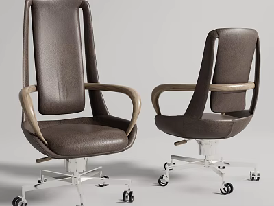 Modern Office Chair Featuring Brown Leather Wooden Armrests Metal Base And Wheels 3d model