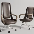 Modern Office Chair Featuring Brown Leather Wooden Armrests Metal Base And Wheels