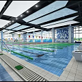 Indoor Swimming Pool With Modern Ceiling Lighting Multiple Lanes And Blue Water Design