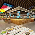 Restaurant Interior With Colorful Ceiling Design Wooden Stalls And Traditional Decorations