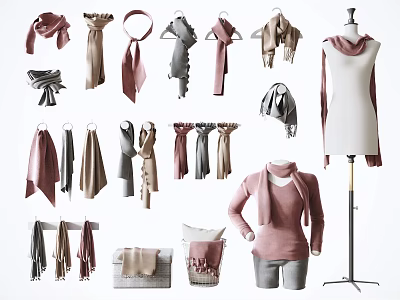 Different Styles of Colored Scarves And Fashion Accessories On Hangers And Mannequins 3d model