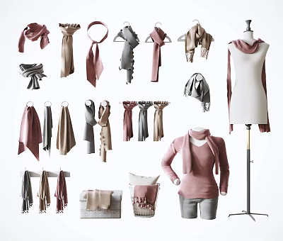 Different Styles of Colored Scarves And Fashion Accessories On Hangers And Mannequins 3d model