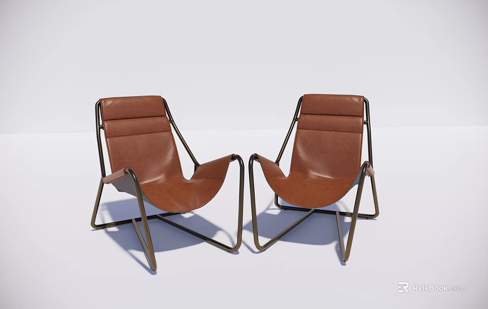 Pair of Modern Brown Leather Lounge Chairs With Metal Frame Design 3d model 