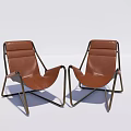 Pair of Modern Brown Leather Lounge Chairs With Metal Frame Design