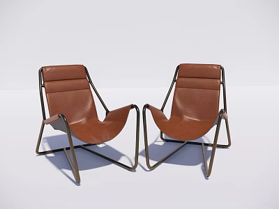 Pair of Modern Brown Leather Lounge Chairs With Metal Frame Design 3d model