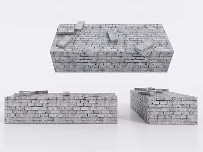 Gray Brick Wall Component with Textured Stacked Bricks and Various Forms 3d model