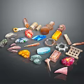 Colorful 3D Scene Components With Various Shaped Gears Gems Keys And Tools