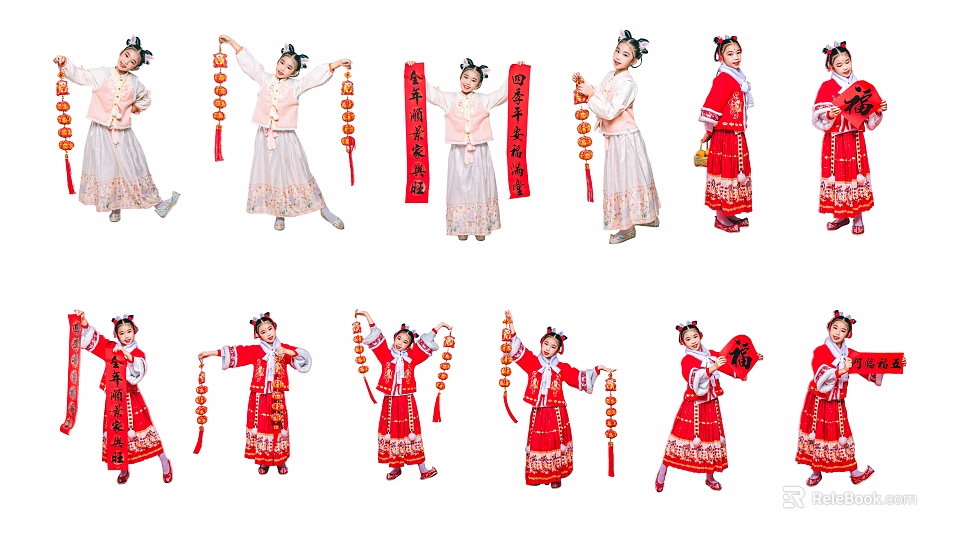 Group of People in Traditional Red Costumes Holding Lanterns and Couplets for Festival Event 3d model 