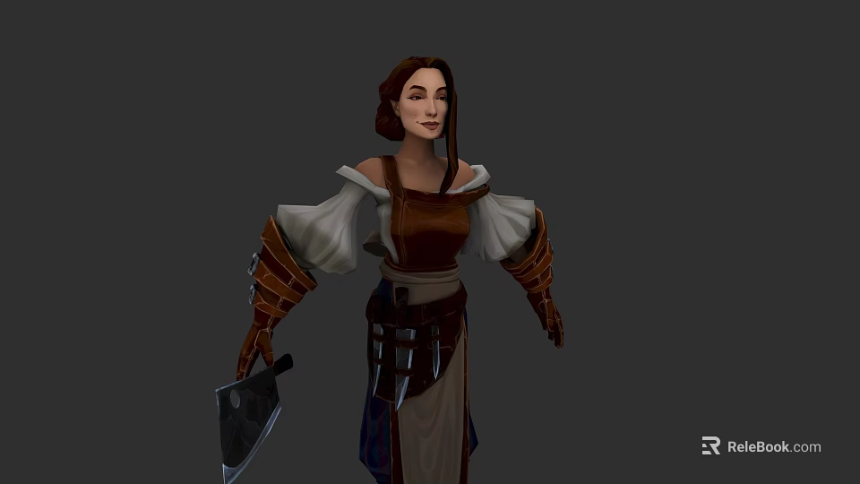 3D Medieval Female Character Wearing Brown Apron White Sleeves And Leather Bracers With Knife 3d model 