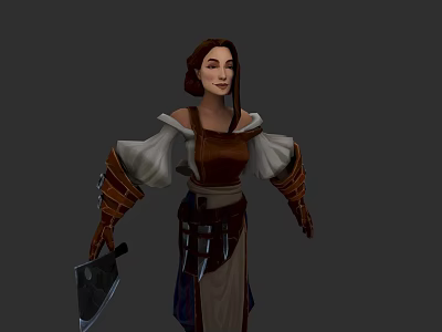 3D Medieval Female Character Wearing Brown Apron White Sleeves And Leather Bracers With Knife 3d model