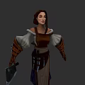 3D Medieval Female Character Wearing Brown Apron White Sleeves And Leather Bracers With Knife