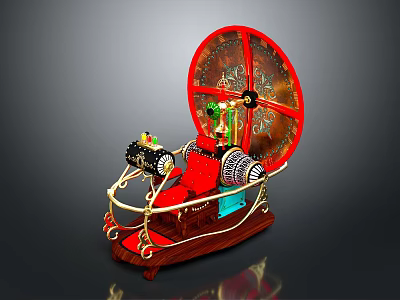 Steampunk Mechanical Model With Red Wheel Gears Metal Structure And Wooden Base 3d model