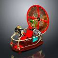 Steampunk Mechanical Model With Red Wheel Gears Metal Structure And Wooden Base