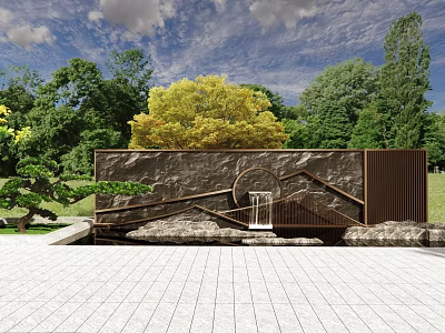 Outdoor Scenic Stone Wall With Green Trees Blue Sky Water Feature And Metal Frame 3d model