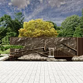 Outdoor Scenic Stone Wall With Green Trees Blue Sky Water Feature And Metal Frame