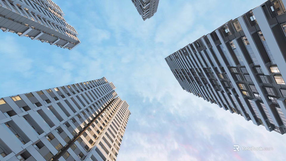 Tall Modern High Rise Buildings Against Clear Blue Sky And Clouds 3d model 