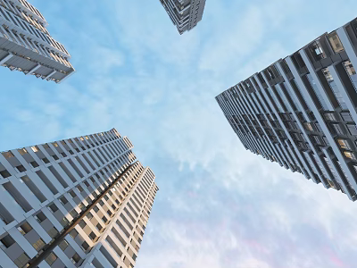 Tall Modern High Rise Buildings Against Clear Blue Sky And Clouds 3d model