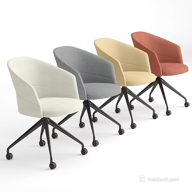 Modern Desk Chair Set with Beige Gray Orange White Upholstered Seats and Wheeled Base 3d model 